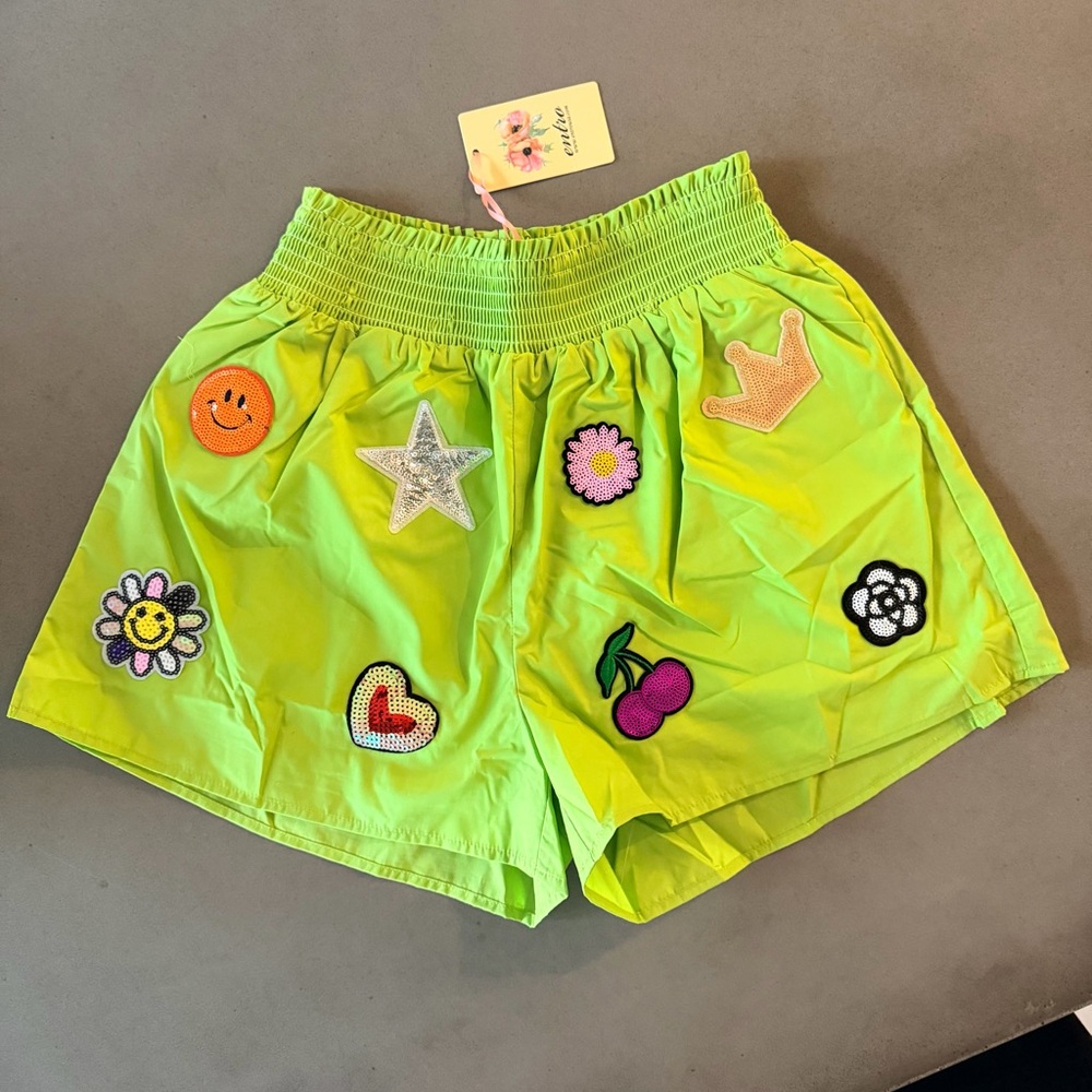 Summer Lime Green Embroidered Patch Shorts | Size Small | New